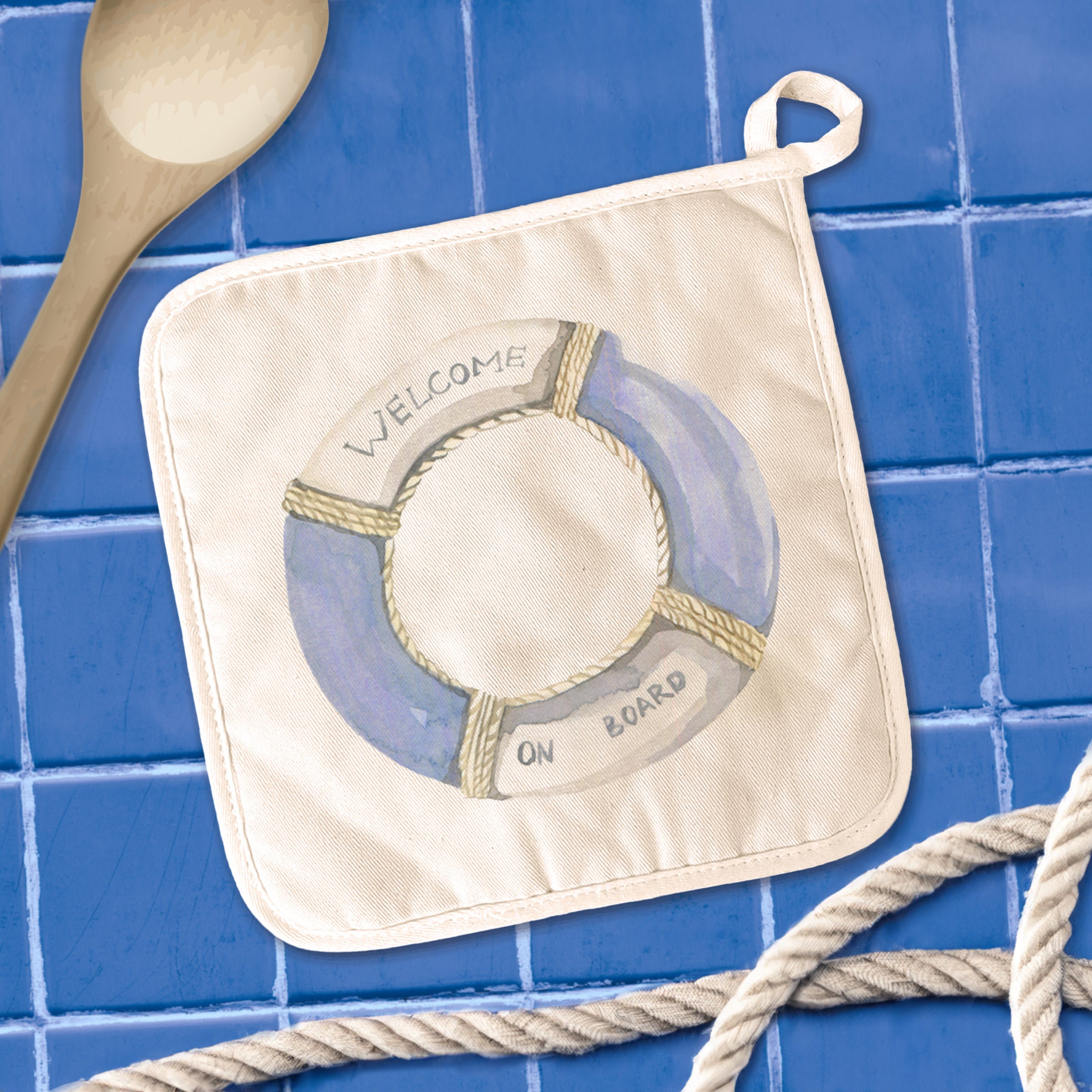 Welcome on Board Lifebuoy Cotton Pot Holder featuring a vibrant design, made from natural cotton and terry cloth, ideal for protecting surfaces from hot cookware.