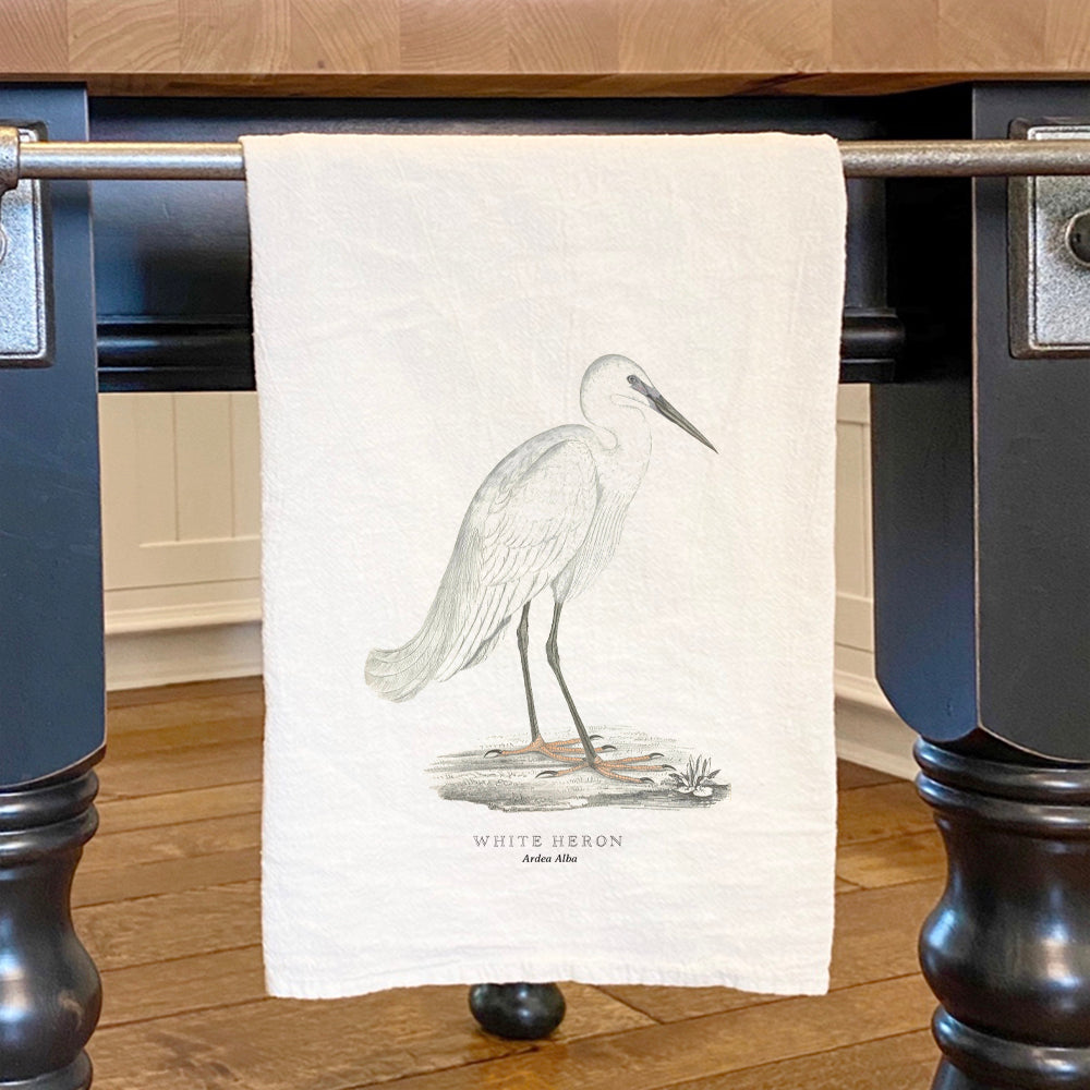 White Heron Cotton Tea Towel featuring a vibrant heron design, made from 100% absorbent cotton, ideal for kitchen use.