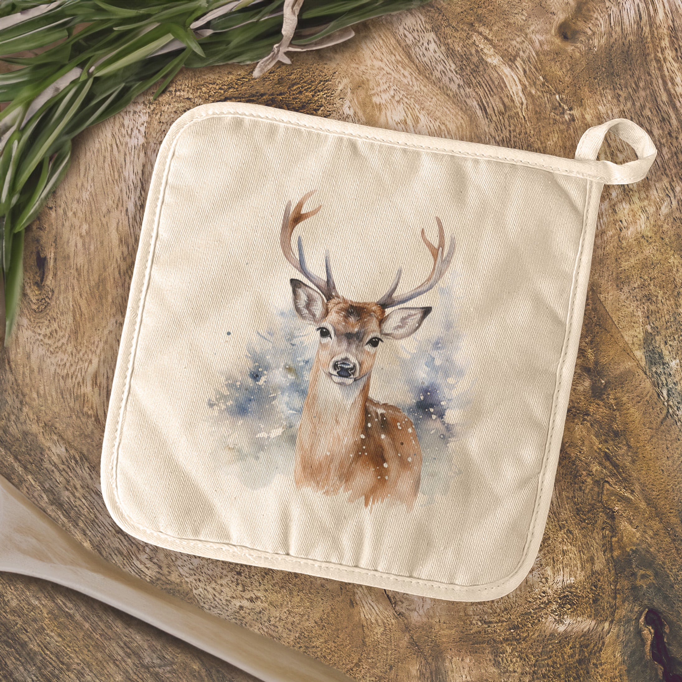 Winter Buck Cotton Pot Holder featuring a vibrant design, made from durable cotton and terry cloth, perfect for protecting surfaces from hot cookware.