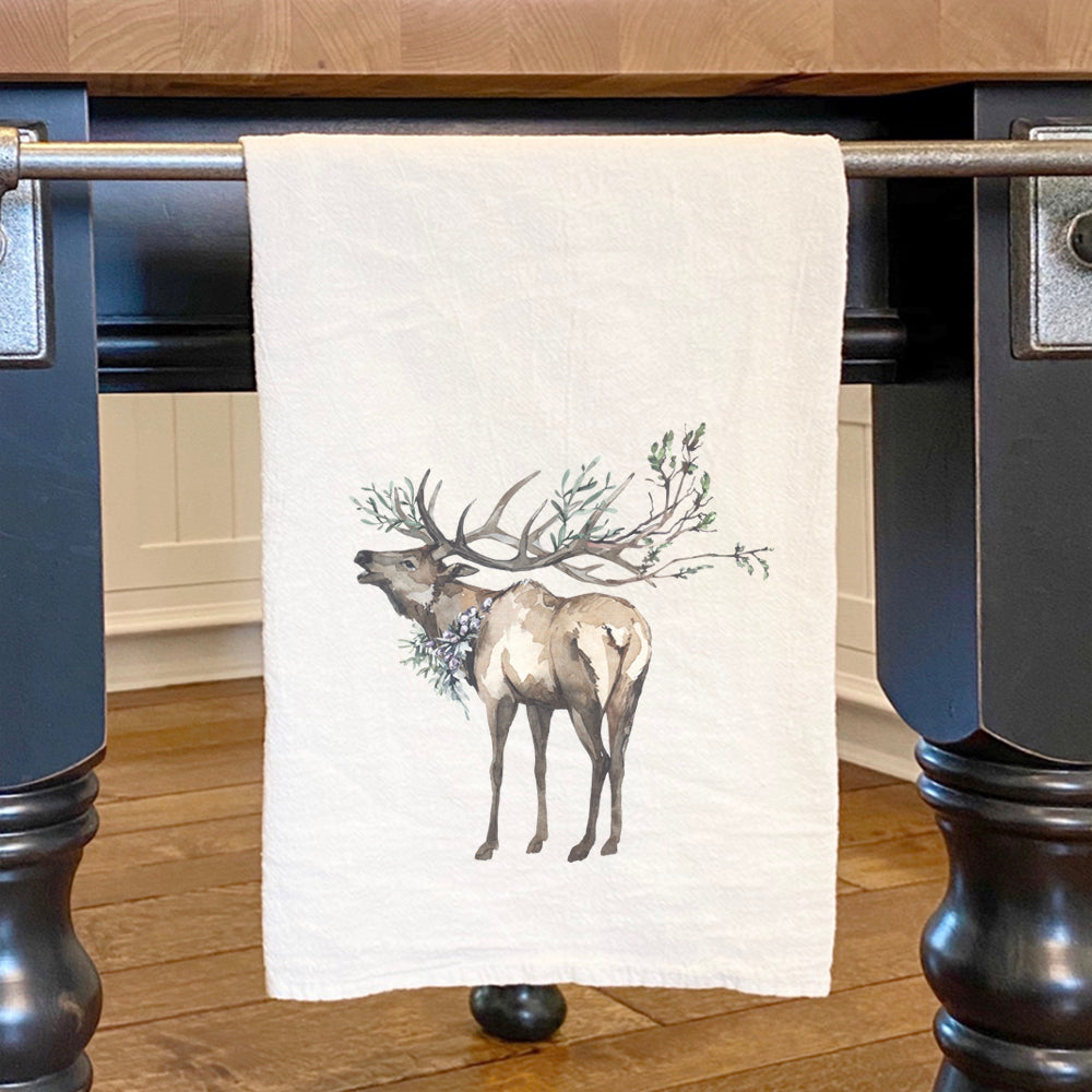 Winter Elk Cotton Tea Towel featuring a vibrant elk design, made from 100% absorbent cotton, perfect for kitchen use.