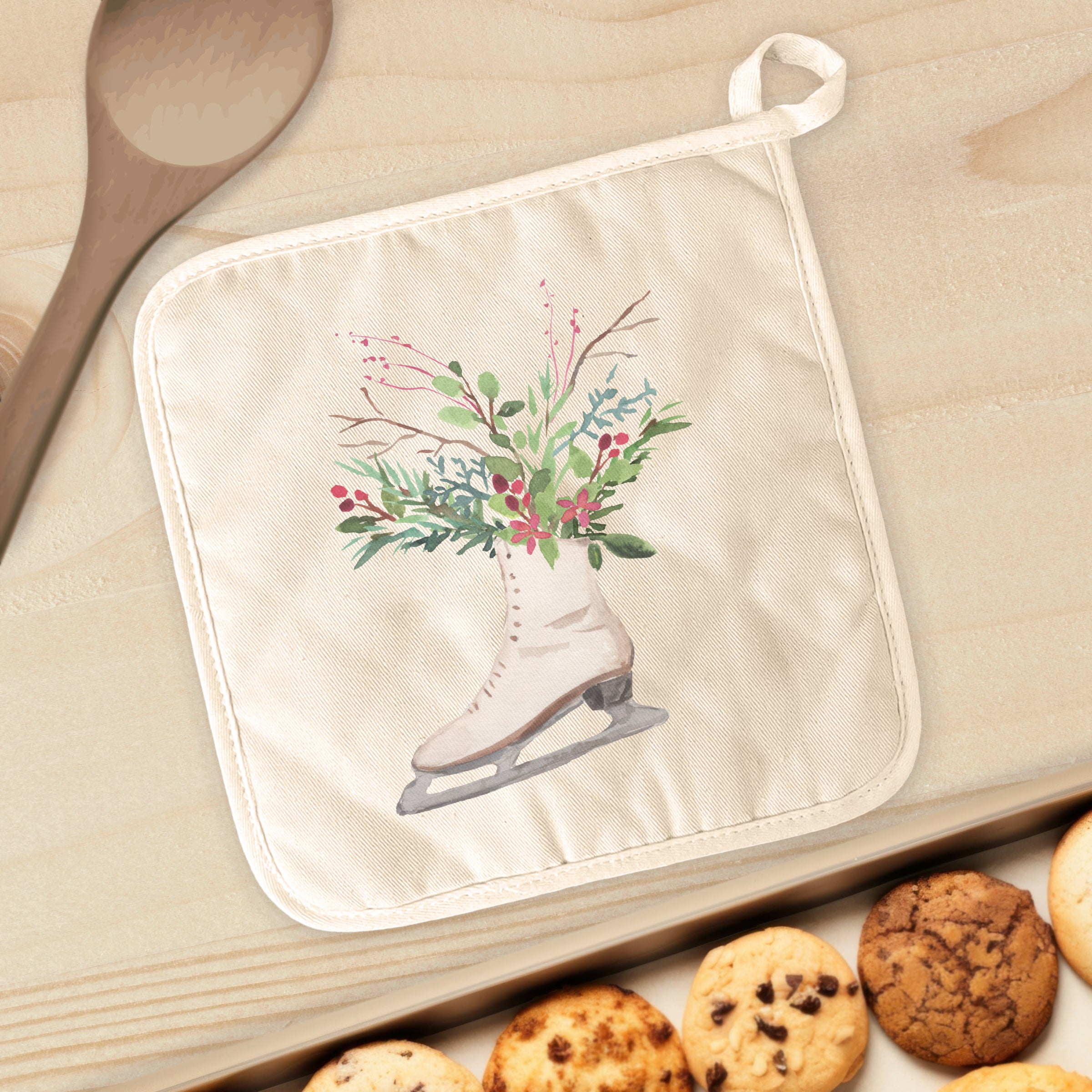 Winter Floral Ice Skate cotton pot holder featuring vibrant floral design and convenient hanging loop.