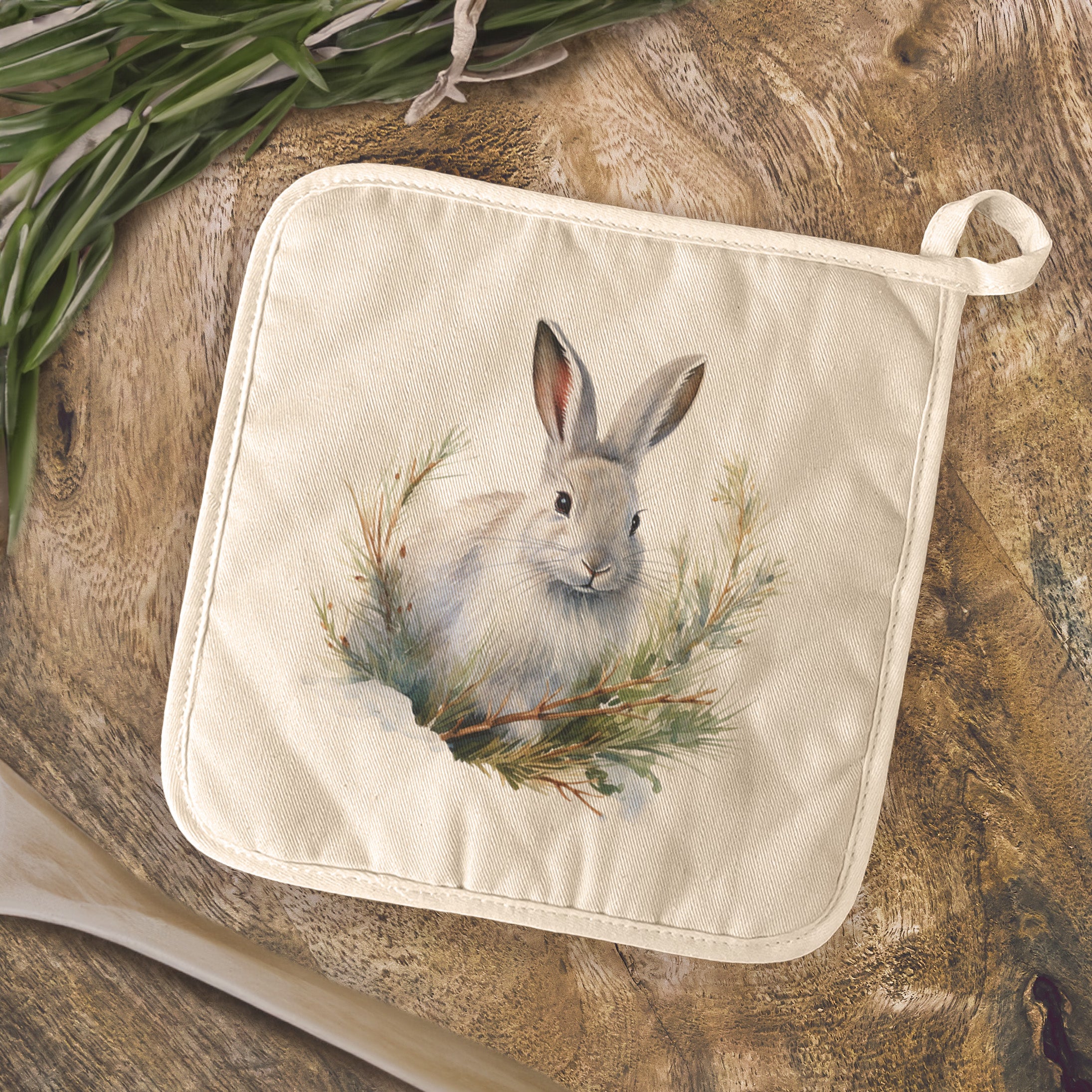 Winter Rabbit Cotton Pot Holder featuring a vibrant design, made from natural cotton and terry cloth, perfect for protecting surfaces.