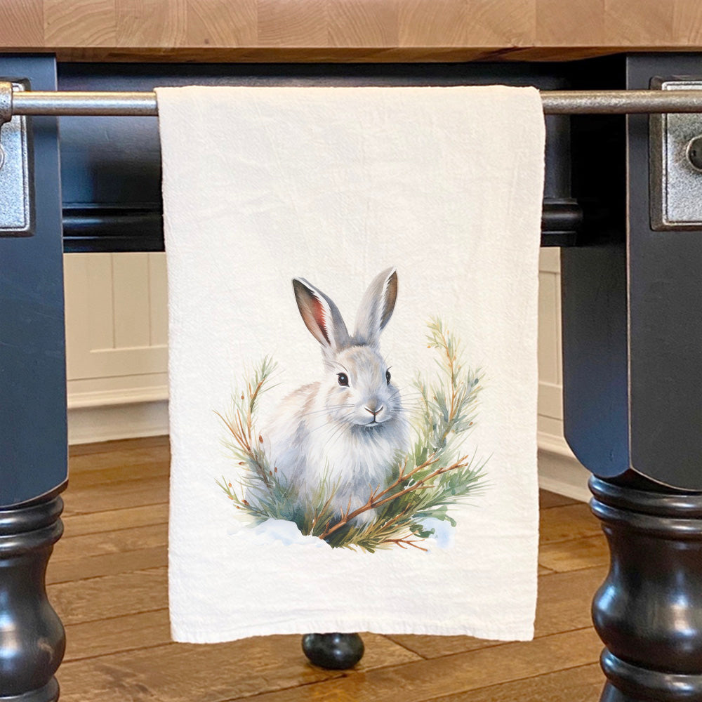 Winter Rabbit Cotton Tea Towel featuring a vibrant winter-themed design, made from 100% absorbent cotton, measuring 27 inches square.