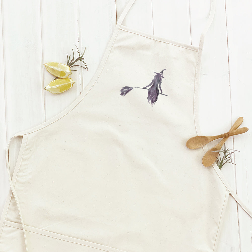 Witch Silhouette Women's Apron featuring a whimsical design, made from durable cotton canvas with adjustable neck and twill ties.