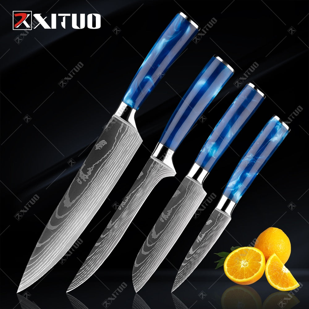 XITUO kitchen knives set featuring blue resin handles and laser Damascus blades, elegantly displayed in a knife holder.