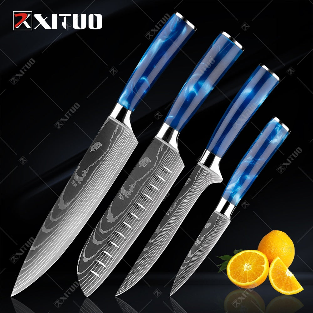 XITUO kitchen knives set featuring blue resin handles and laser Damascus blades, elegantly displayed in a knife holder.