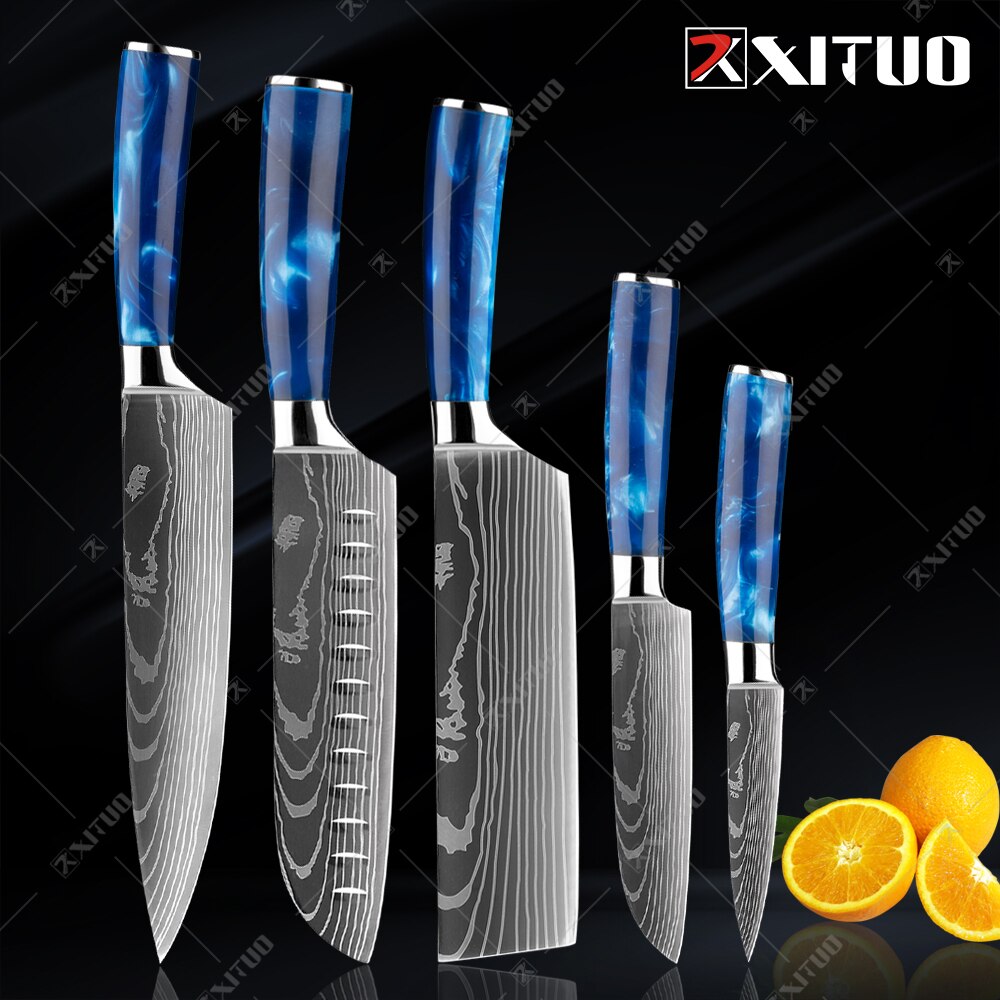 XITUO kitchen knives set featuring blue resin handles and laser Damascus blades, elegantly displayed in a knife holder.