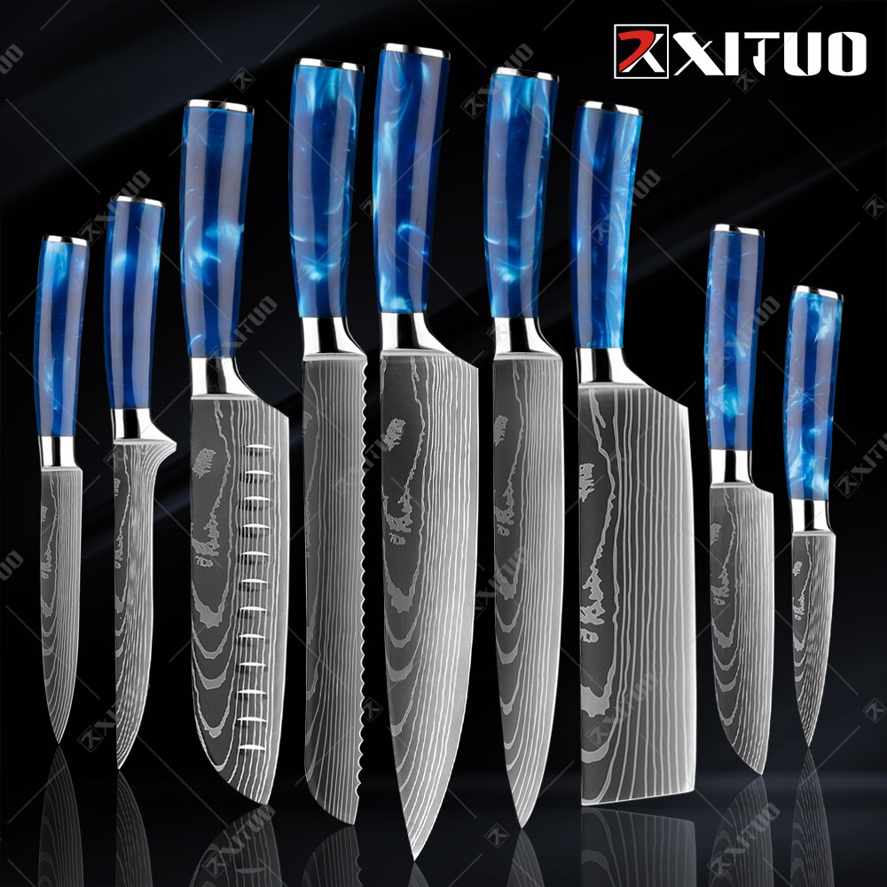 XITUO kitchen knives set featuring blue resin handles and laser Damascus blades, elegantly displayed in a knife holder.