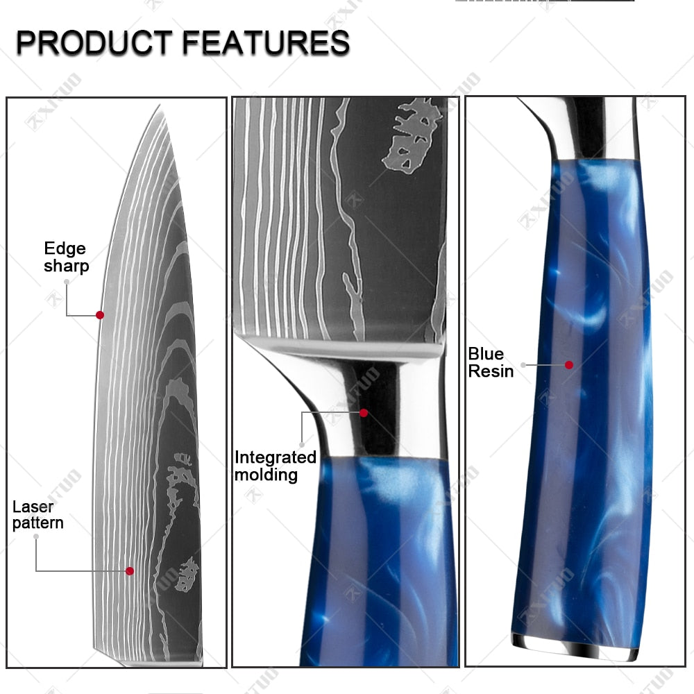 XITUO kitchen knives set featuring blue resin handles and laser Damascus blades, elegantly displayed in a knife holder.
