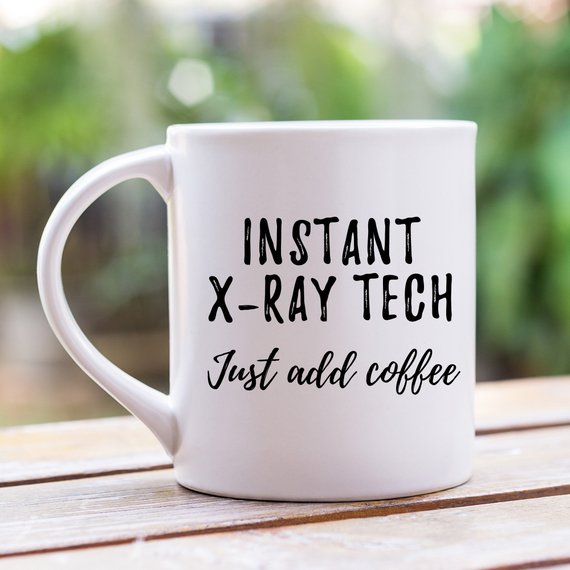 A stylish white ceramic mug featuring a vibrant X-ray tech design on both sides, perfect for X-ray technicians.