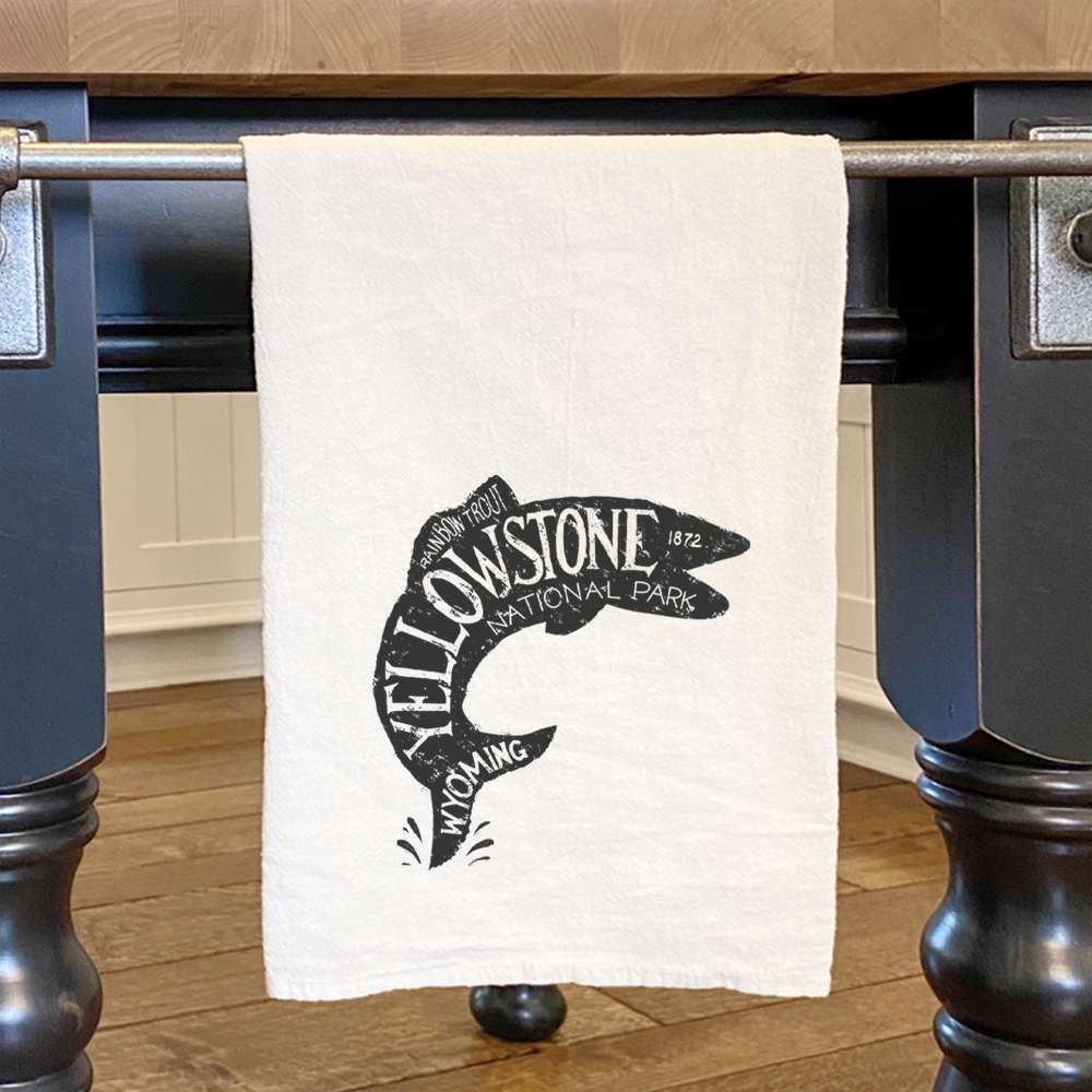 Yellowstone National Park Fish cotton tea towel featuring vibrant fish designs, perfect for kitchen use.