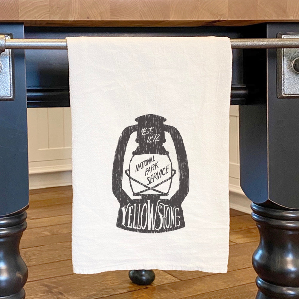 Yellowstone National Park Lantern cotton tea towel featuring a vibrant design, perfect for kitchen use.