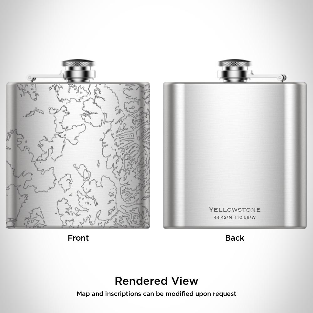 Custom engraved 6oz hip flask featuring a detailed map of Yellowstone National Park, Wyoming, with a canvas bag and funnel.