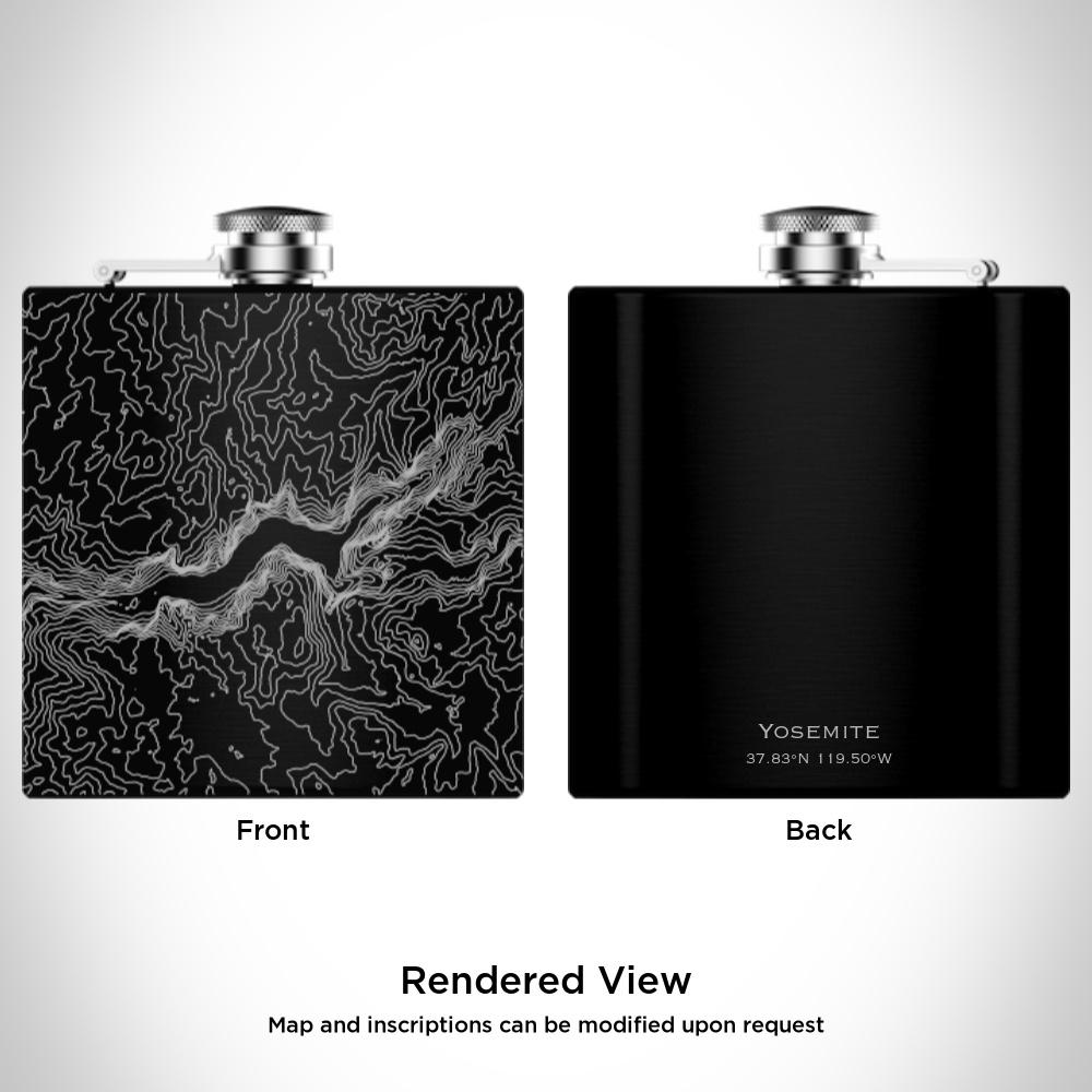 Matte black hip flask featuring a custom engraved map of Yosemite National Park with coordinates.