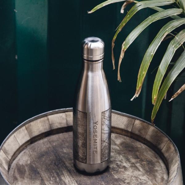 17oz insulated stainless steel bottle with custom engraved map of Yosemite National Park and coordinates.