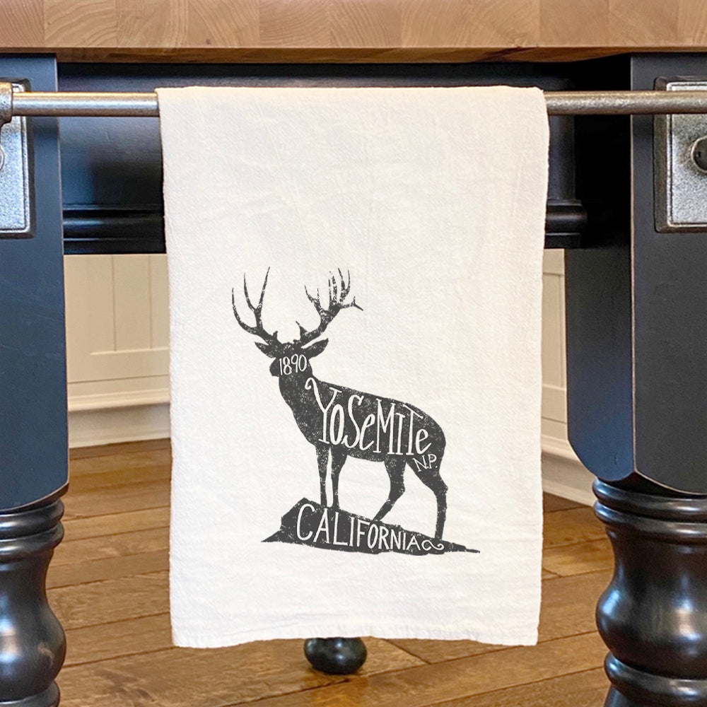 Yosemite National Park Deer cotton tea towel featuring a vibrant deer design, perfect for kitchen use.