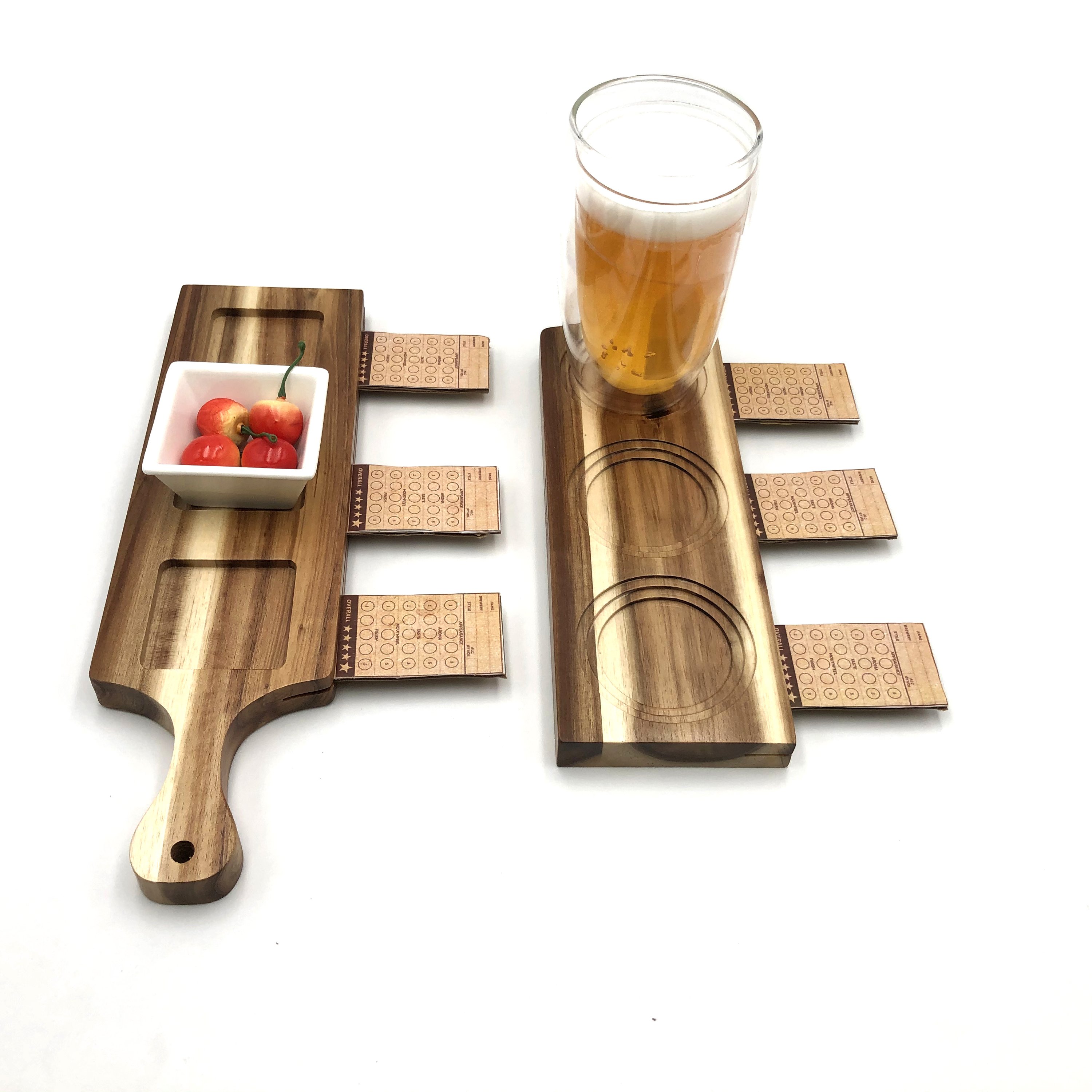 Zavis Green Acacia Wood 3 Hole Double Sided Flight Board showcasing round and square cut-outs for drinks.