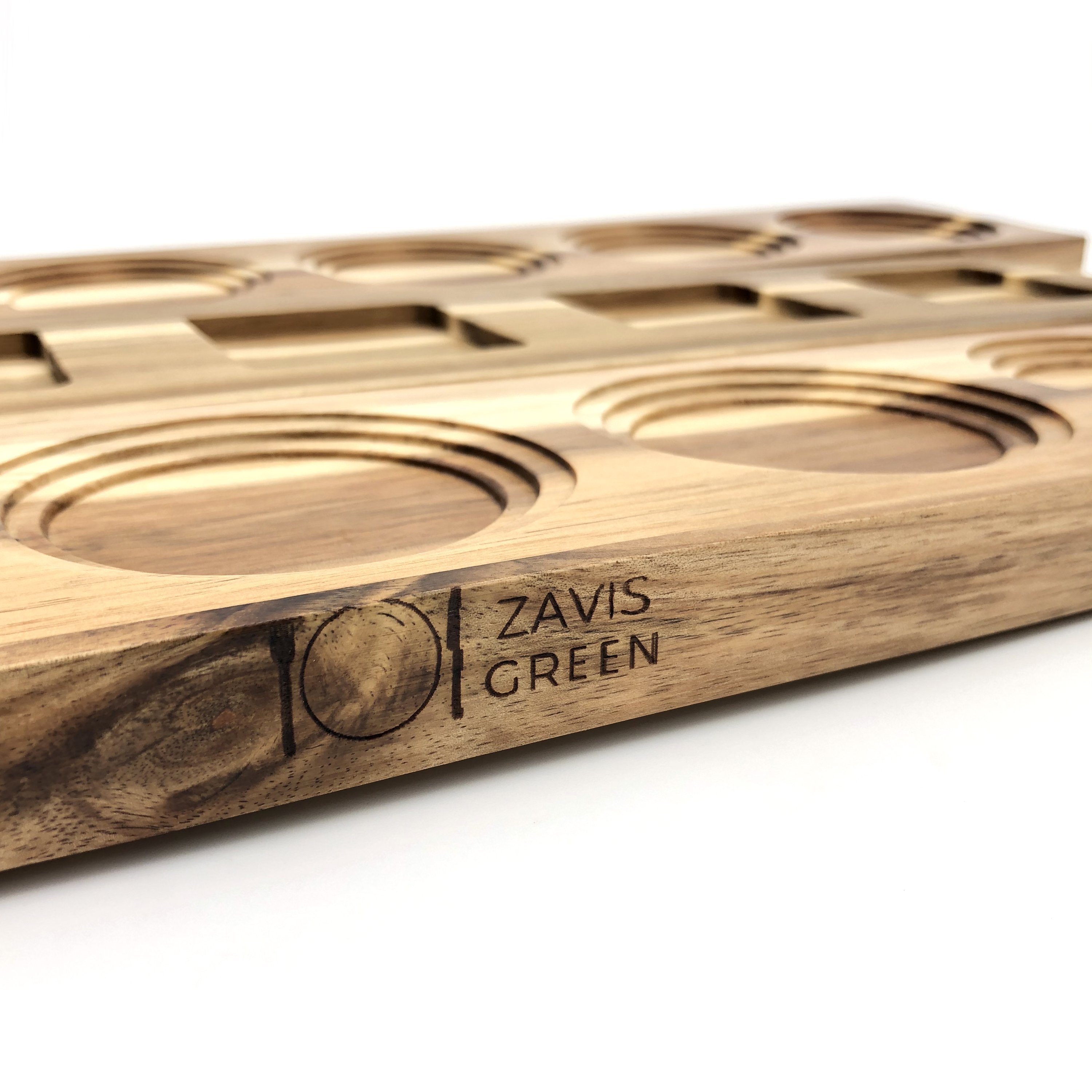 Zavis Green Acacia Wood 3 Hole Double Sided Flight Board showcasing round and square cut-outs for drinks.