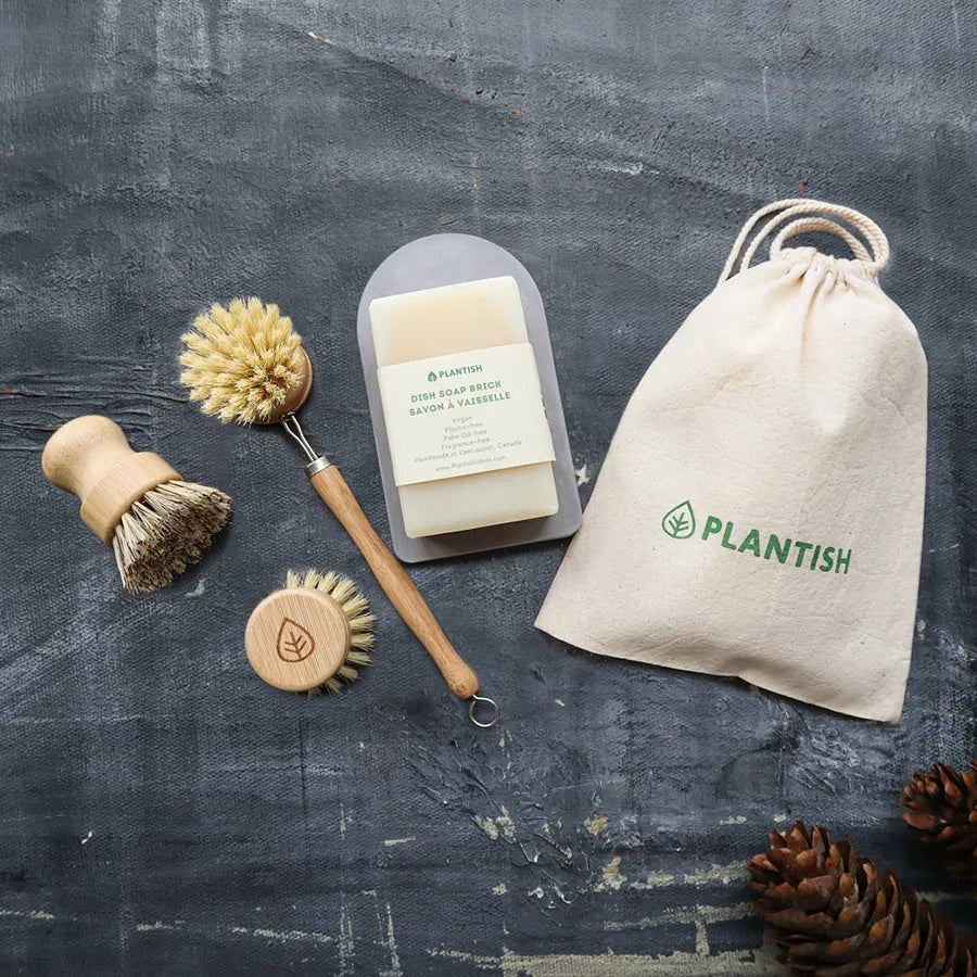 Zero Waste Dish Soap Set featuring bamboo handle brushes and a soap dish, promoting eco-friendly dishwashing.