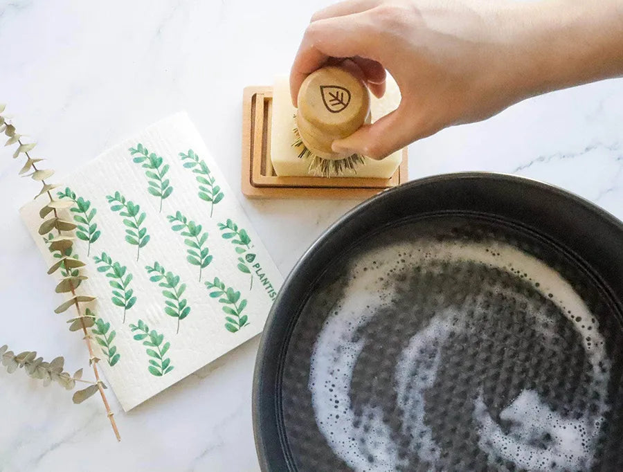 Zero Waste Dish Soap Set featuring bamboo handle brushes and a soap dish, promoting eco-friendly dishwashing.