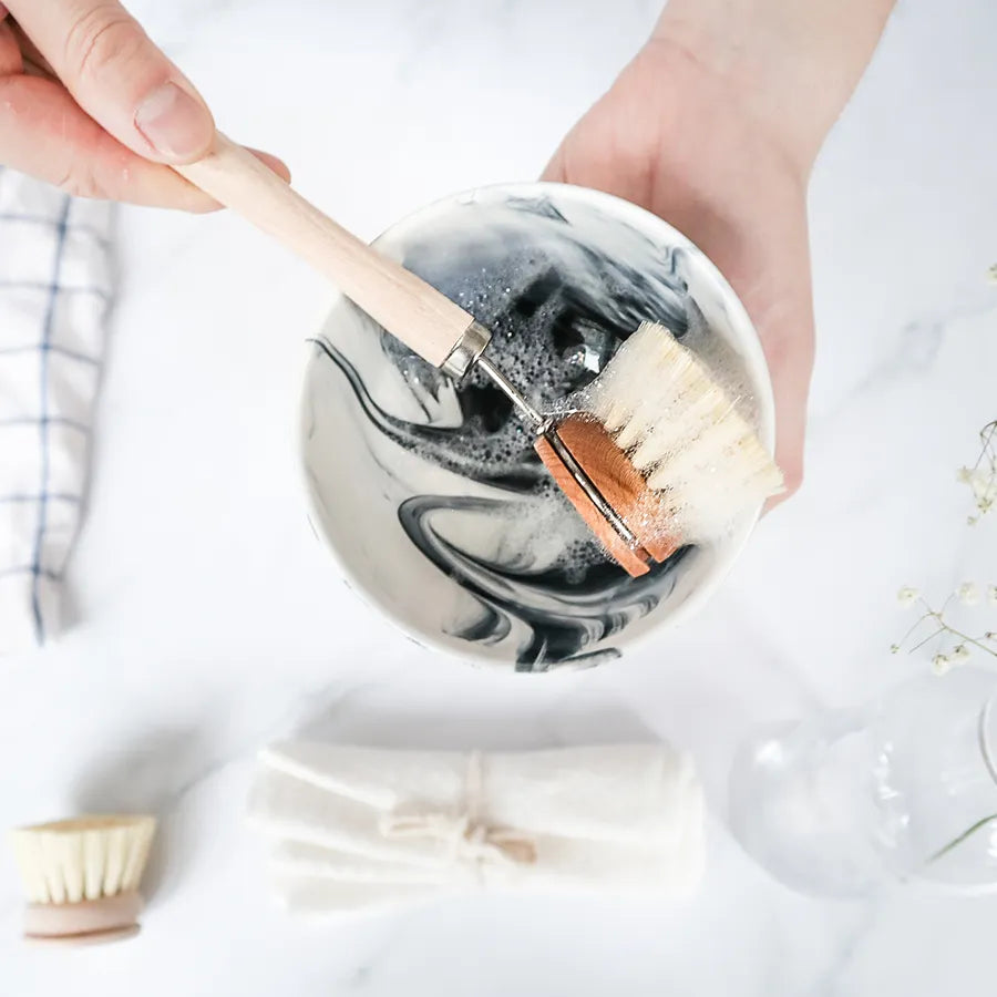 Zero Waste Dish Soap Set featuring bamboo handle brushes and a soap dish, promoting eco-friendly dishwashing.