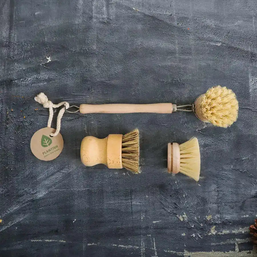 Zero Waste Kitchen Brush Set featuring sisal and palm brushes with a bamboo handle, perfect for eco-friendly cleaning.