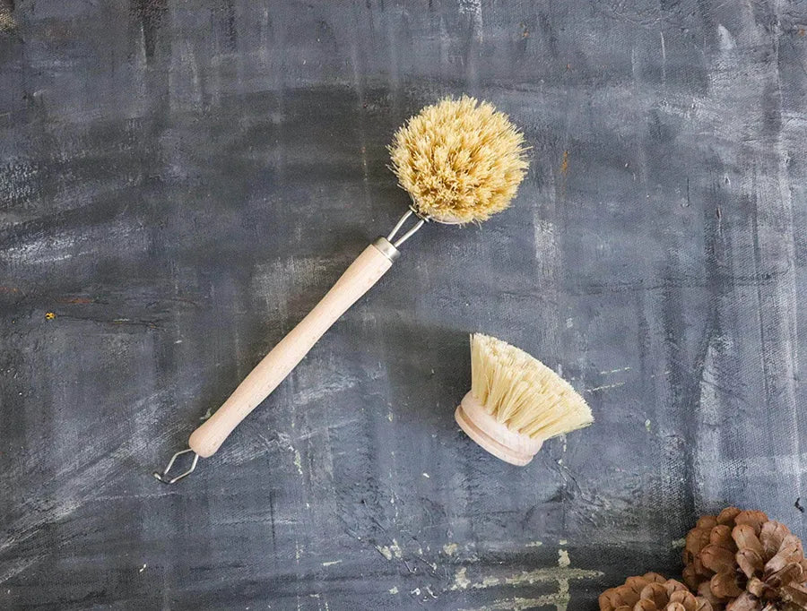 Zero Waste Kitchen Brush Set featuring sisal and palm brushes with a bamboo handle, perfect for eco-friendly cleaning.