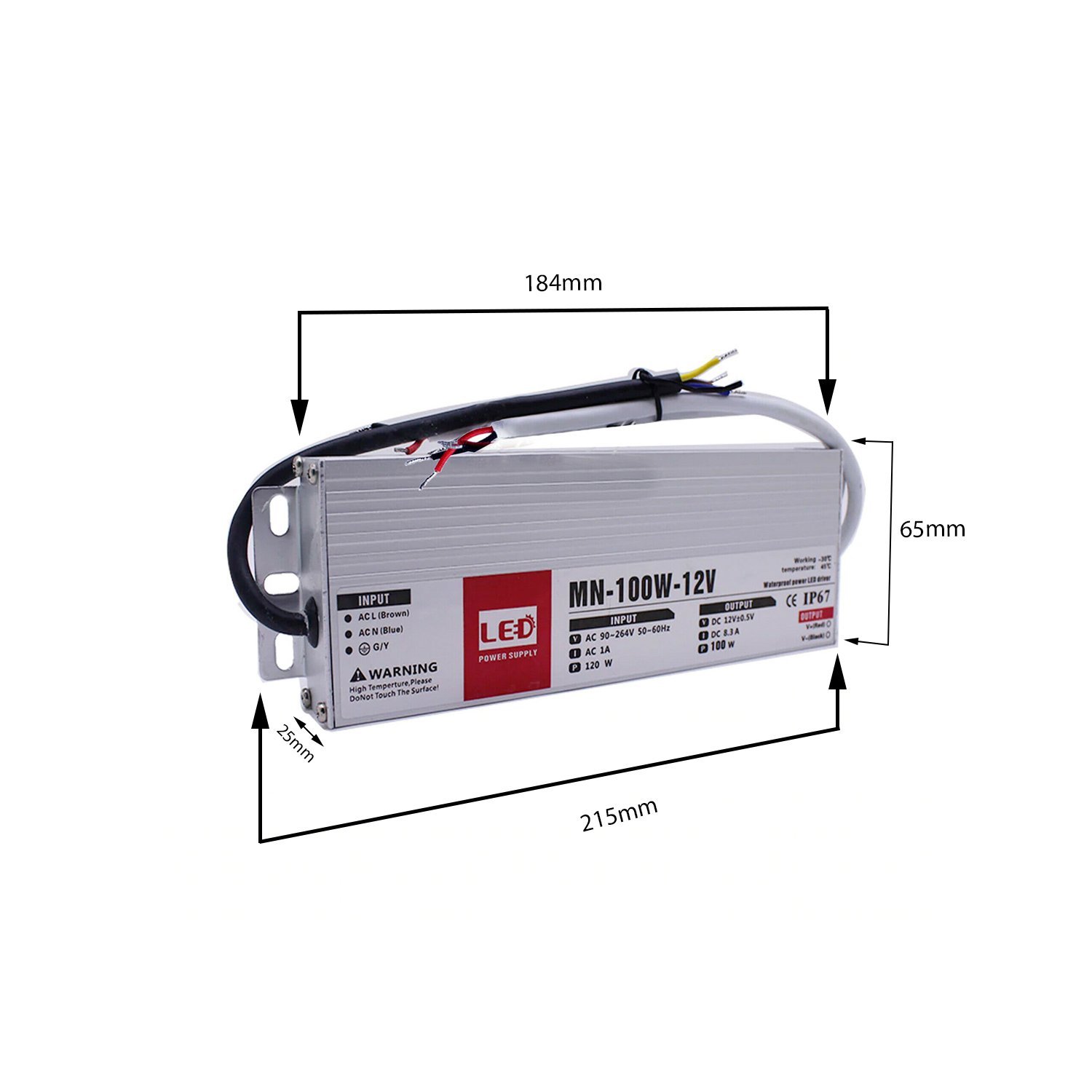 100W LED driver switch power supply transformer, ultra-slim design with waterproof IP67 rating, suitable for 12V LED lamps.