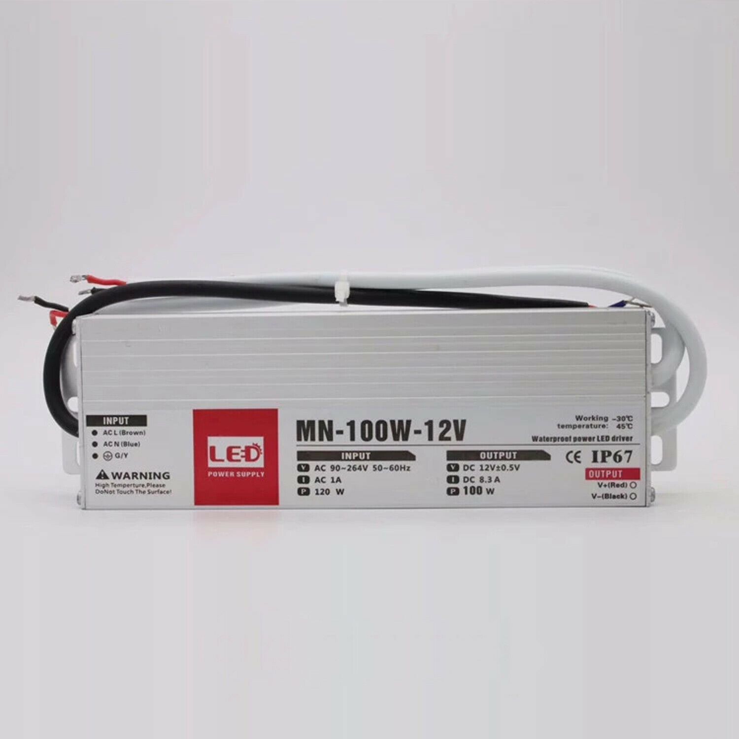 100W LED driver switch power supply transformer, ultra-slim design with waterproof IP67 rating, suitable for 12V LED lamps.