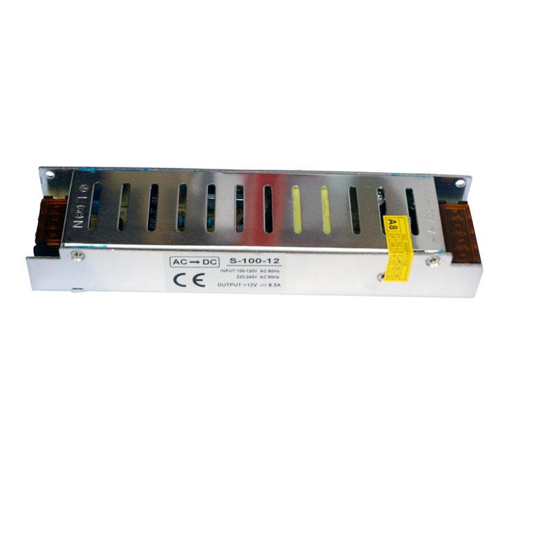 100W Universal LED Power Supply Transformer with specifications for 12V DC applications, showcasing its compact design and safety features.