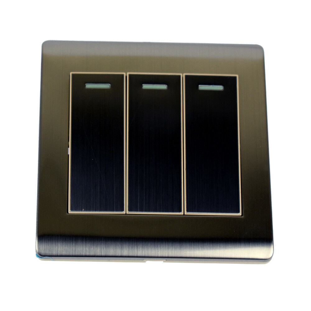 Brushed gold 1/2/3 gang wall switch with screwless design, showcasing modern aesthetics and safety features.