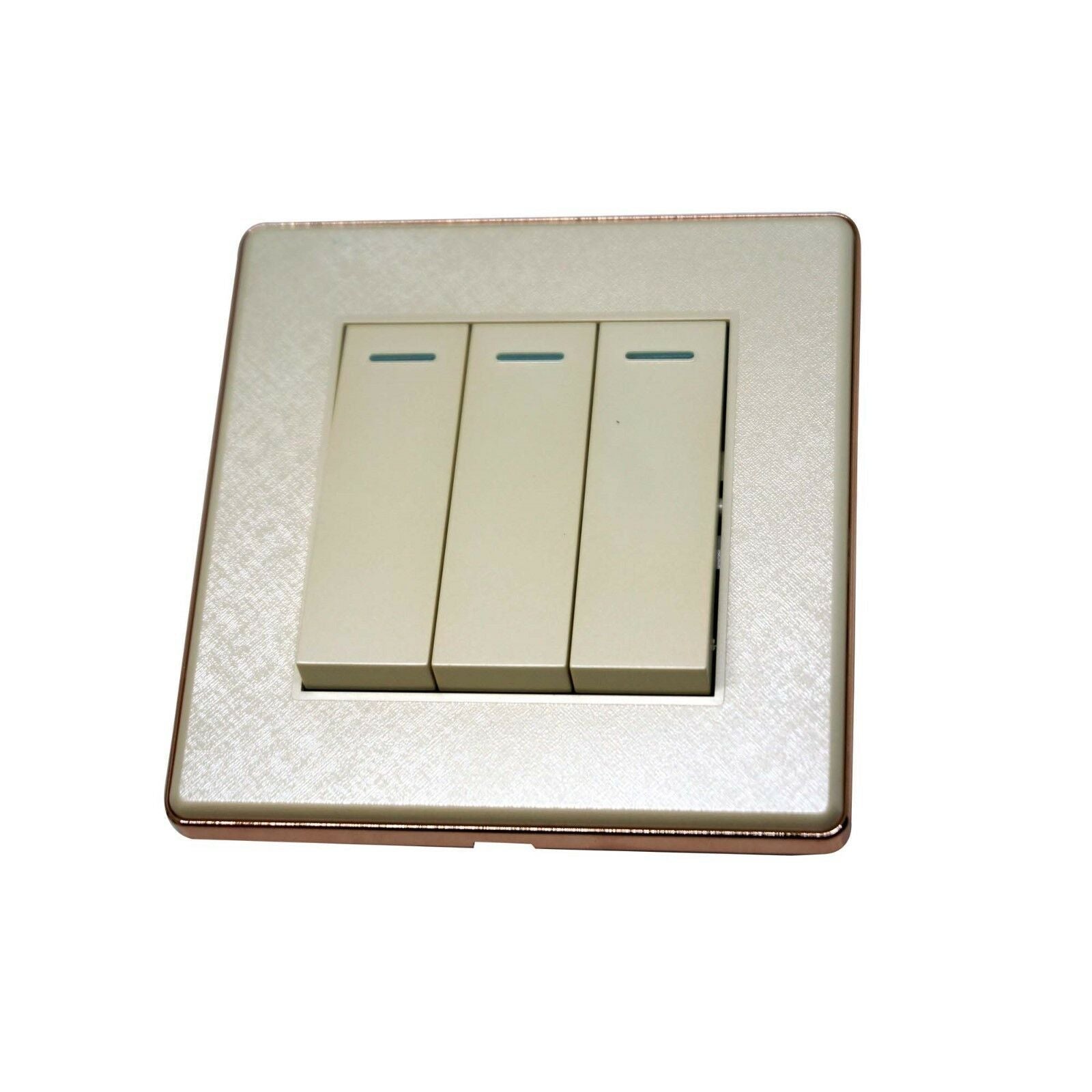 Brushed gold 1/2/3 gang wall switch with screwless design, showcasing modern aesthetics and safety features.