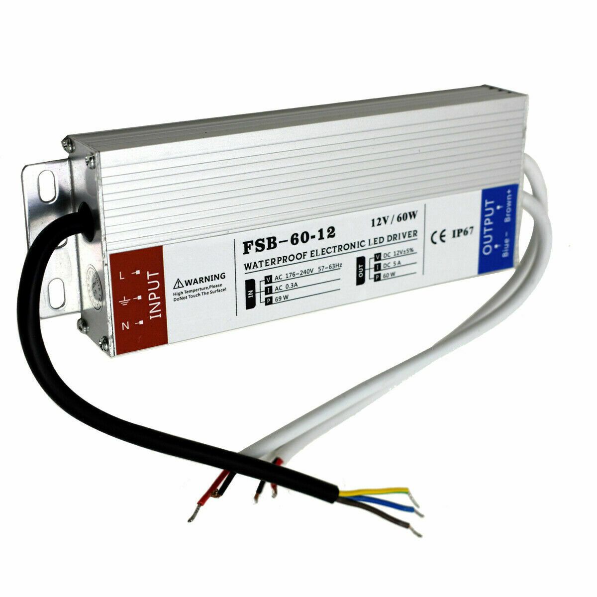 12V 60W IP67 LED power supply transformer with waterproof casing, designed for low voltage LED lighting applications.