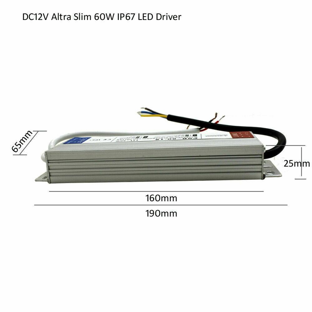 12V 60W IP67 LED power supply transformer with waterproof casing, designed for low voltage LED lighting applications.