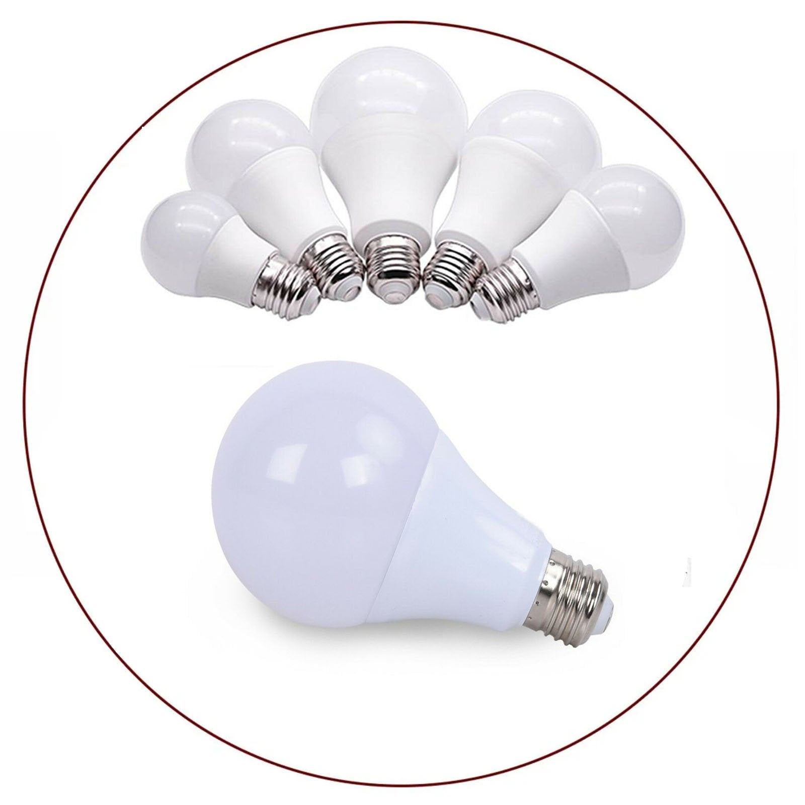 A pack of five 12W A60 E27 LED light bulbs with a cool white glow, showcasing their modern design and standard base.