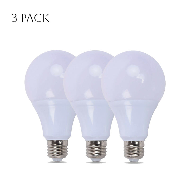 A pack of five 12W A60 E27 LED light bulbs with a cool white glow, showcasing their modern design and standard base.