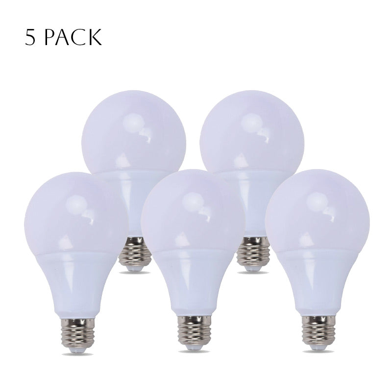 A pack of five 12W A60 E27 LED light bulbs with a cool white glow, showcasing their modern design and standard base.