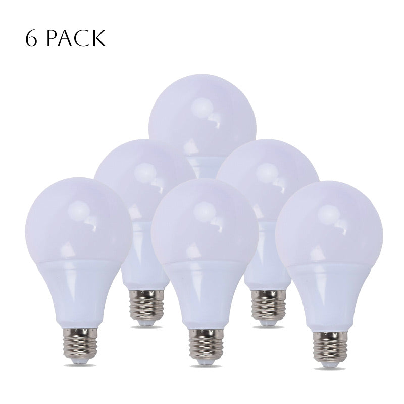 A pack of five 12W A60 E27 LED light bulbs with a cool white glow, showcasing their modern design and standard base.