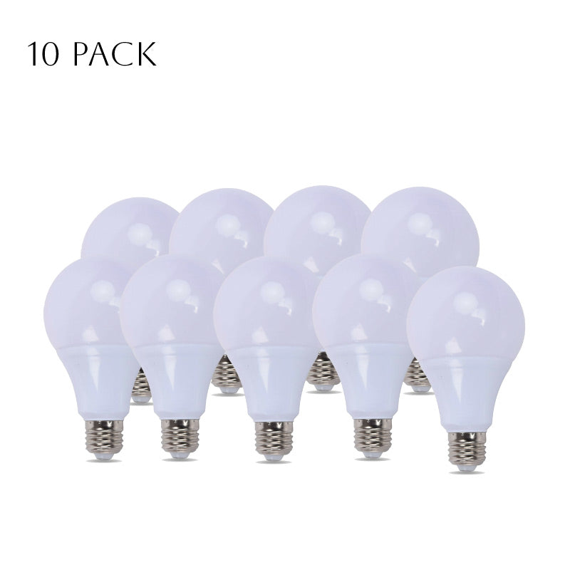 A pack of five 12W A60 E27 LED light bulbs with a cool white glow, showcasing their modern design and standard base.