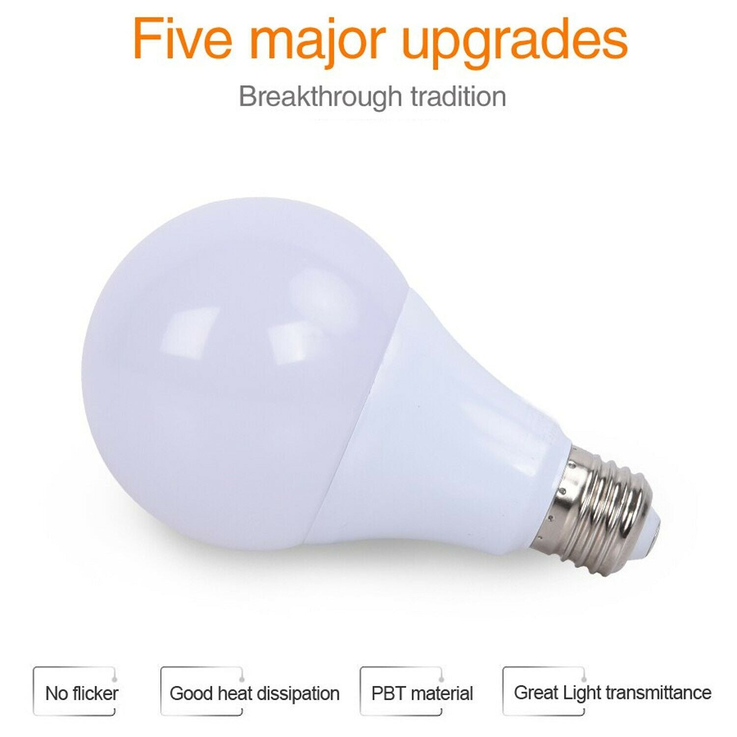 A pack of five 12W A60 E27 LED light bulbs with a cool white glow, showcasing their modern design and standard base.