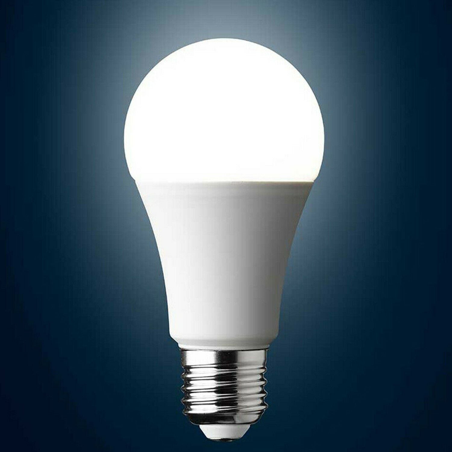 A pack of five 12W A60 E27 LED light bulbs with a cool white glow, showcasing their modern design and standard base.