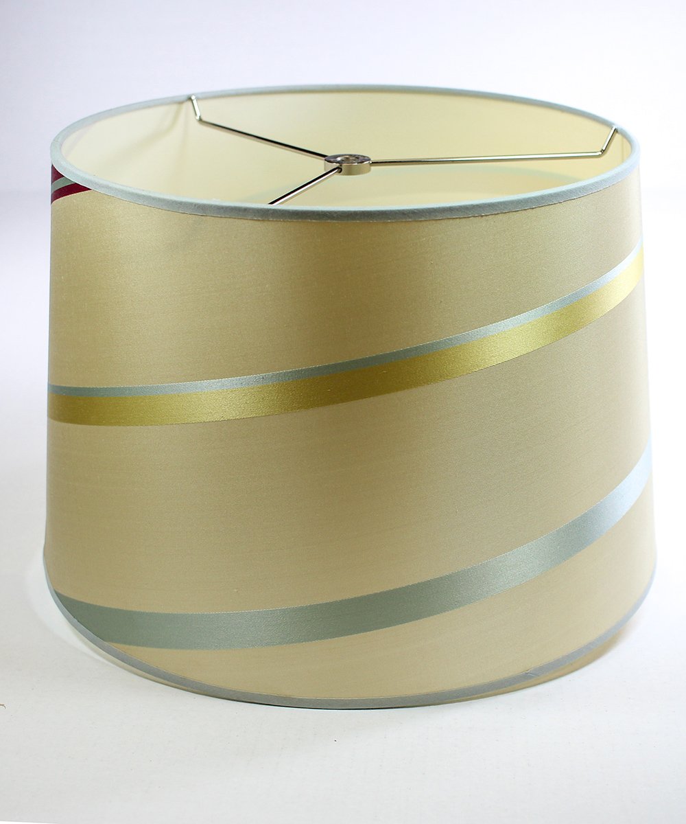 14-inch wide by 10-inch high Juliette Striped Raw Silk Drum Shade featuring a unique striped pattern and chrome spider fitter.