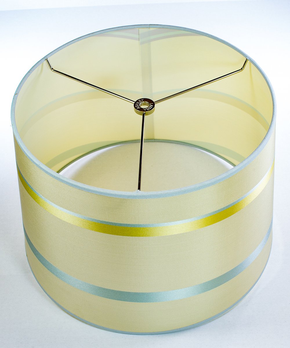 14-inch wide by 10-inch high Juliette Striped Raw Silk Drum Shade featuring a unique striped pattern and chrome spider fitter.