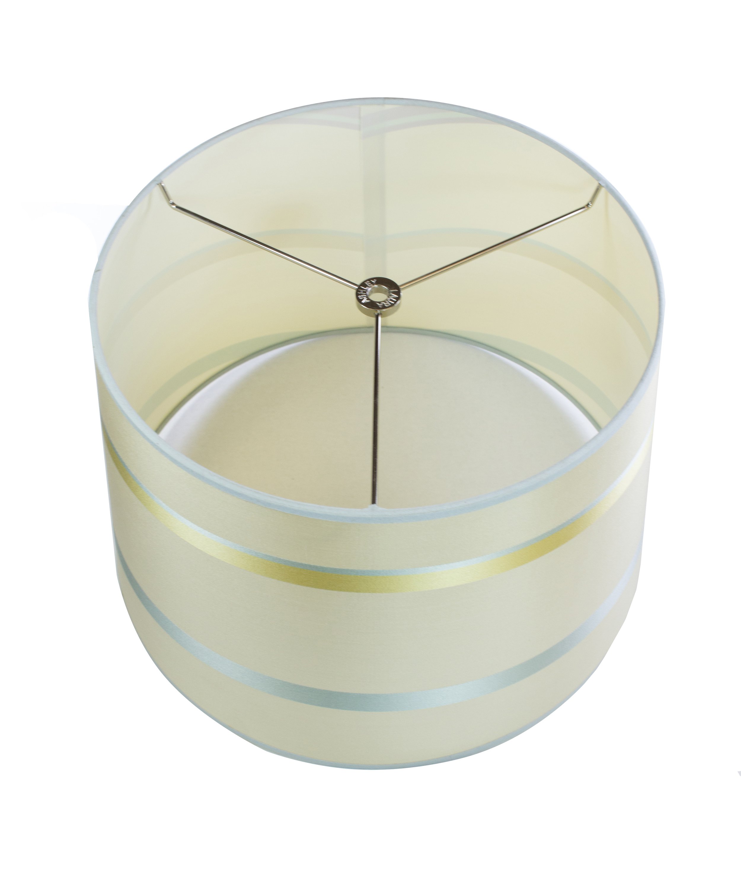 14-inch wide by 10-inch high Juliette Striped Raw Silk Drum Shade featuring a unique striped pattern and chrome spider fitter.