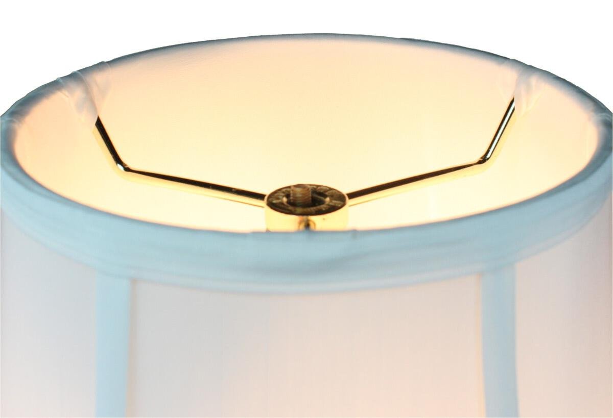 14-inch wide by 11-inch high white bell lampshade made from premium shantung fabric, featuring a polished brass spider drop and heavy-duty frame.