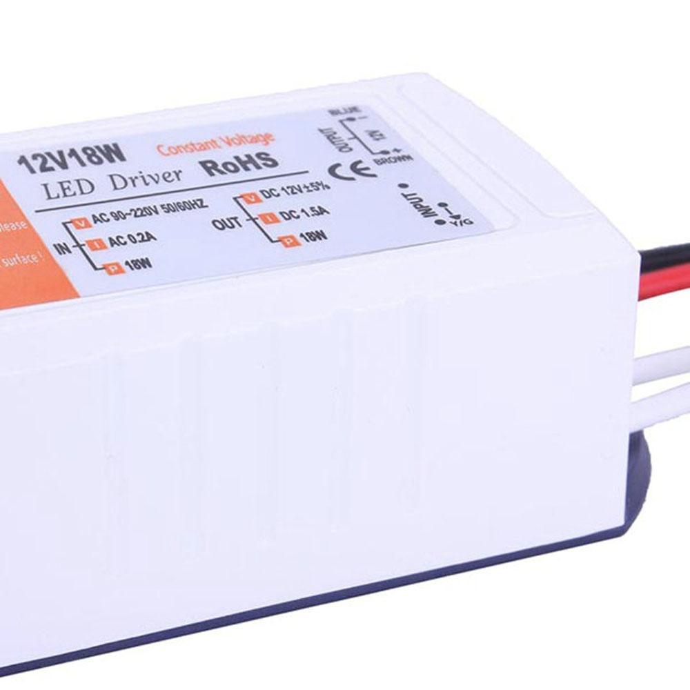 Compact 1.5A 18W LED driver transformer for AC to DC power supply, suitable for low voltage LED bulbs and strip lights.