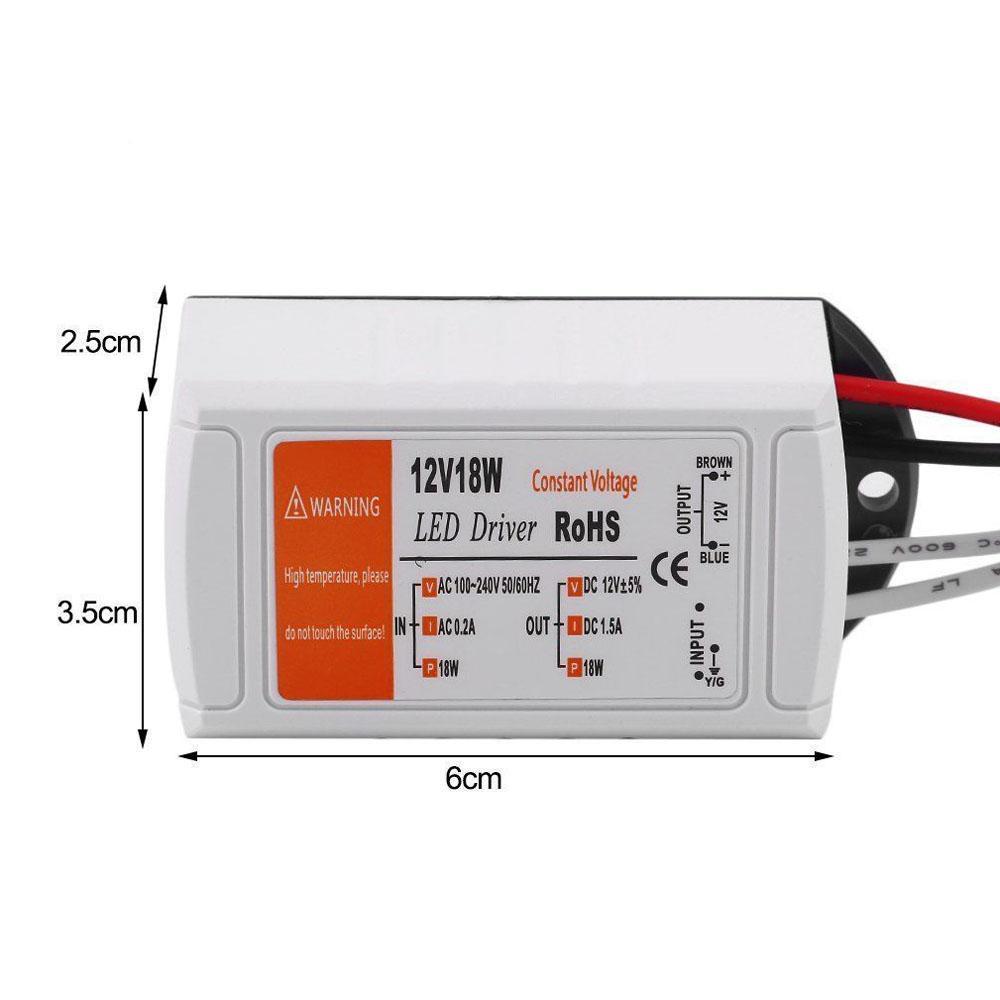 Compact 1.5A 18W LED driver transformer for AC to DC power supply, suitable for low voltage LED bulbs and strip lights.