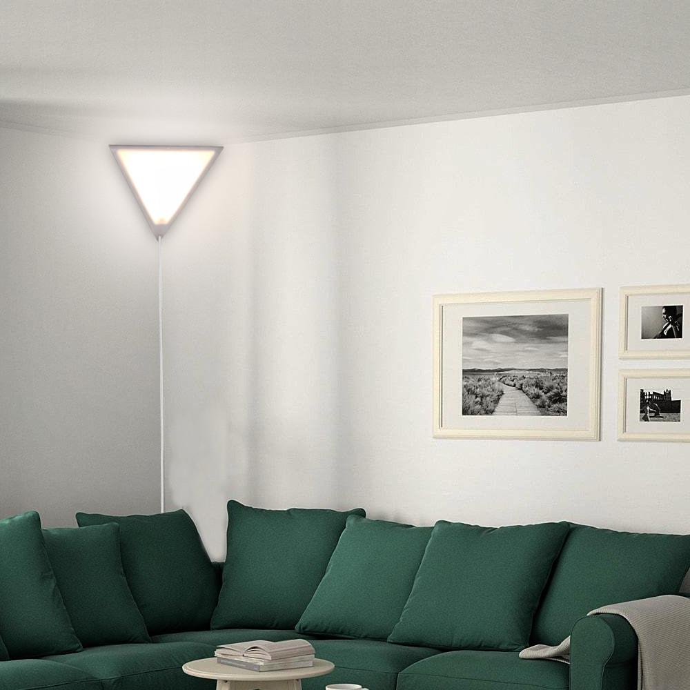 16-inch Beacon Triangle Corner Light in white, featuring a unique triangular design with a frosted acrylic diffuser, perfect for illuminating dark corners.