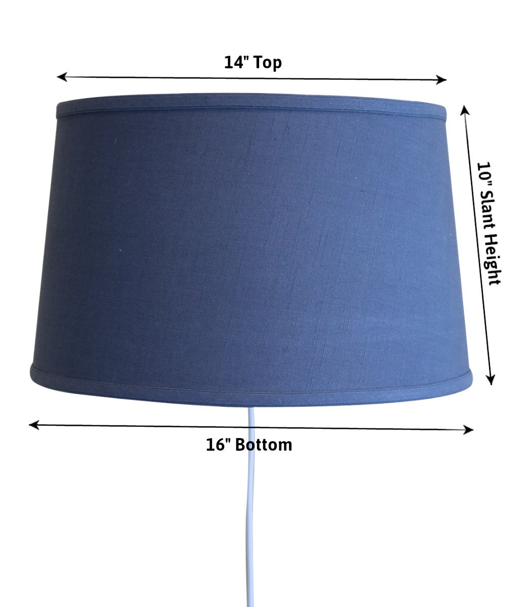 16-inch floating shade plug-in wall light with textured slate blue fabric, minimalist design, and rotary dimmer switch.