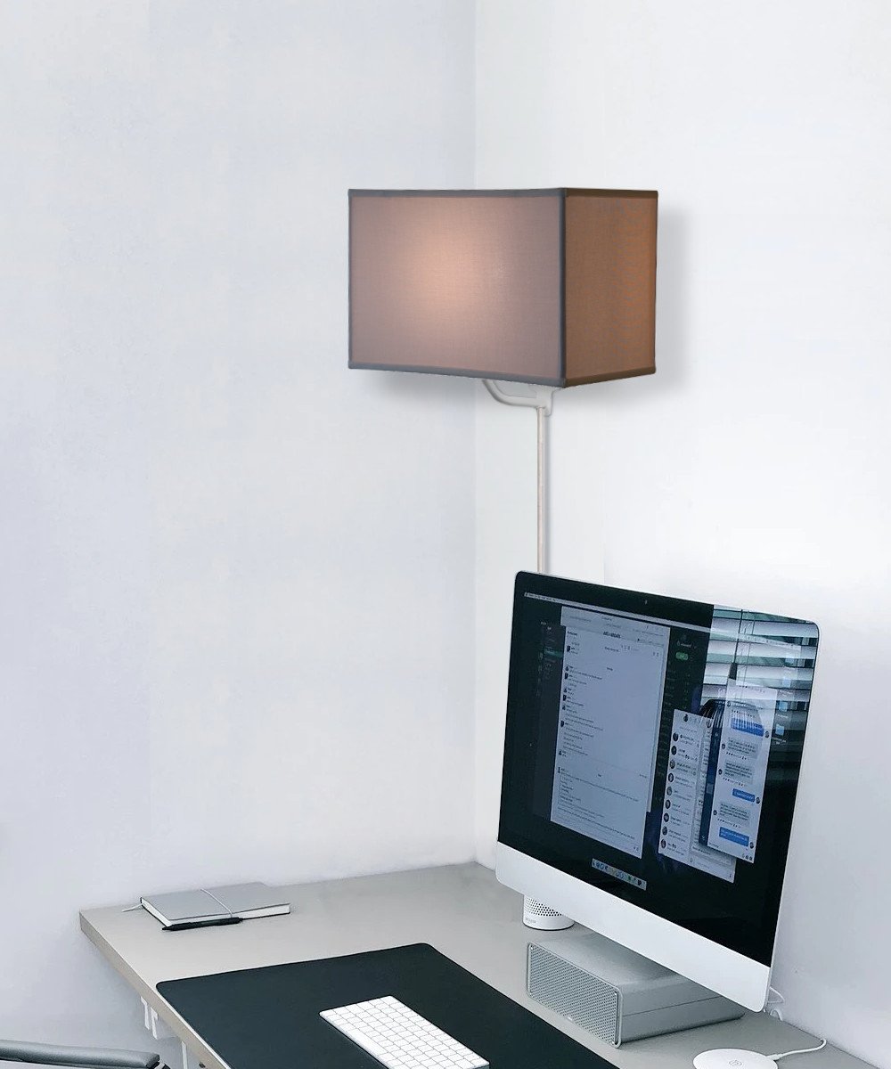 16-inch white floating shade plug-in wall light with a minimalist design, featuring a fabric lampshade and a rotary dimmer switch.